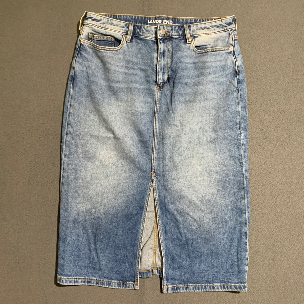 Lands End‎ Womens Denim Midi Skirt Light Wash Blue Front Slit Size 16